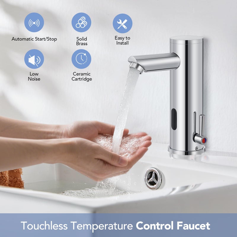Fyeer Automatic Touchless Bathroom Sink Faucet Sensor Motion Activated Commercial Hands Free Single Tap Temperature Control Adjustable Handle Auto Basin Brass Faucets for Home Vanity Chrome Polished Finish - Image 2